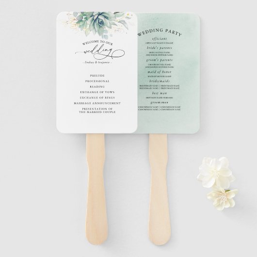 Succulents Greenery Wedding Programme Hand Fan Handwaaier (Voorkant en achterkant)