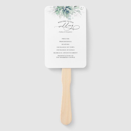 Succulents Greenery Wedding Programme Hand Fan Handwaaier (Voorkant)