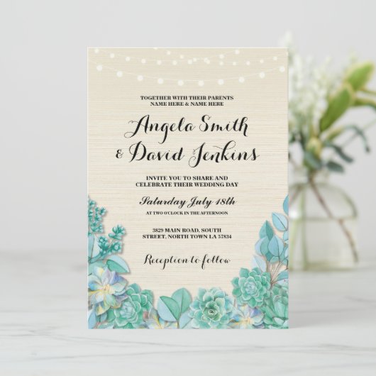 Succulents Huwelijksuitnodigingen Mint Rustieke Li Kaart (Staand voorkant)