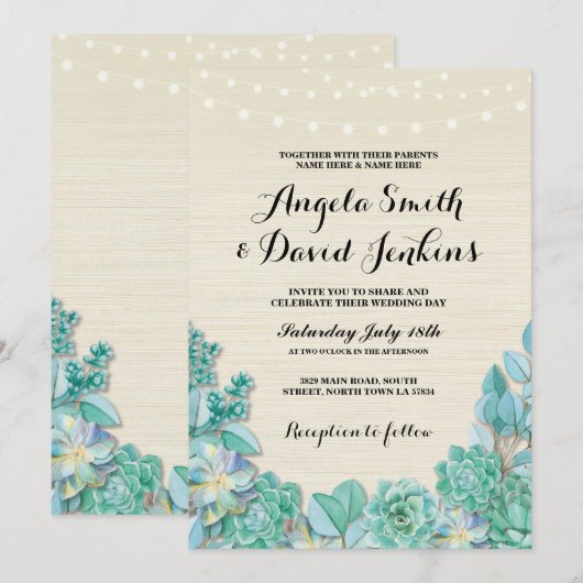 Succulents Huwelijksuitnodigingen Mint Rustieke Li Kaart (Voorkant / Achterkant)