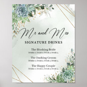 Succulents Mr. and Mrs. signature drink sign. Poster