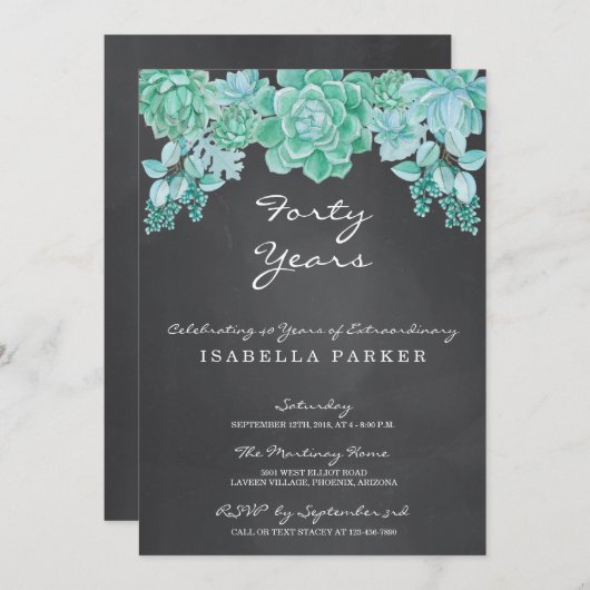 Succulents on Chalkboard Woman's Birthday Invite Kaart (Voorkant / Achterkant)
