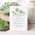 Succulents Rustic Mason Jars | Greenery Wedding Kaart<br><div class="desc">Deze uitnodigende huwelijksuitnodiging bevat schattige kleine moeraspotjes met kleine zuidwestelijke succulente planten. Greenery geïnspireerd design,  perfect voor boho,  land of achtertuin. Oude houtextuur achterzijde schuur.</div>