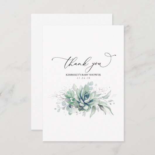 Succulents Silver Greenery Baby shower Hartelijk d Bedankkaart (Voorkant / Achterkant)
