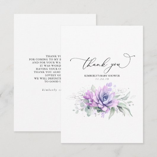 Succulents Silver Greenery Baby shower Hartelijk d Bedankkaart (Voorkant / Achterkant)