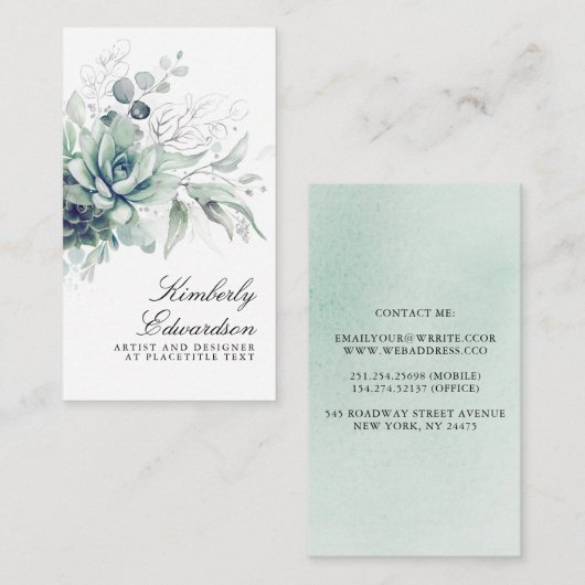 Succulents Silver Greenery Elegant Boho Foliage Visitekaartje (Voorkant / Achterkant)