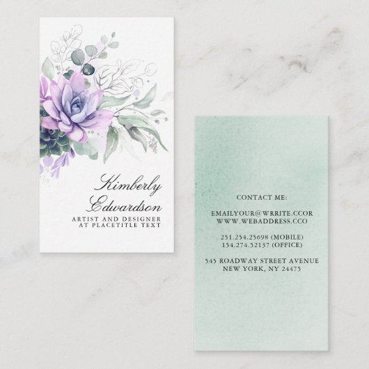Succulents Silver Greenery Elegant Boho Foliage Visitekaartje (Voorkant / Achterkant)