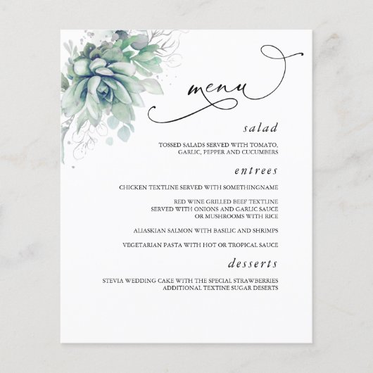 Succulents Silver Greenery Wedding Menu (Voorkant)