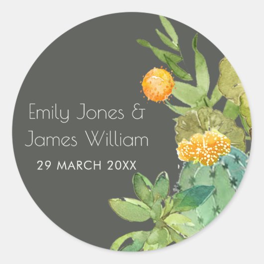 SUCCULT CACTUS FLORAL GARDEN WATERVERF MONOGRAM RONDE STICKER (Voorkant)