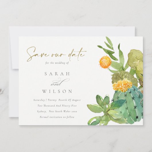 SUCCULT CACTUS FLORAL WATERVERF BEWAREN DE DATUM SAVE THE DATE (Voorkant)