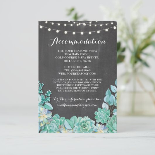 Succulte accommodatiemunt bruiloft krijt informatiekaartje (Staand voorkant)