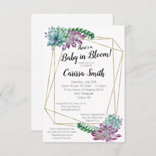 Succulte Baby op uitnodiging van het baby shower B (Voorkant / Achterkant)