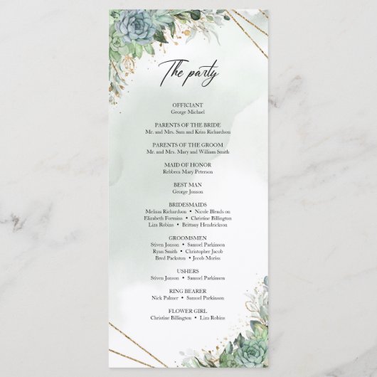 Succulte eucalyptus gold lijst bruiloft programma programmakaart (Achterkant)