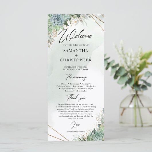 Succulte eucalyptus gold lijst bruiloft programma programmakaart (Staand voorkant)