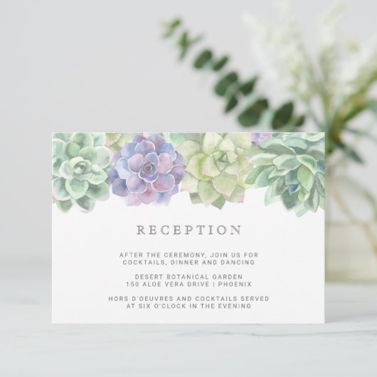 Succulte Green and Paars Wedding Reception Informatiekaartje (Staand voorkant)