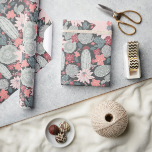 Succulte Planten en cactus patroon in roze punt Cadeaupapier