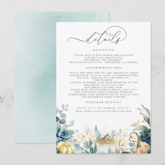 Succulte Pumpkins Gold Leaves Wedding Details En Informatiekaartje (Voorkant / Achterkant)