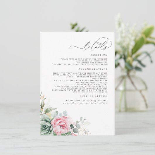 Succulte roze finale bruiloft details informatiekaartje (Staand voorkant)