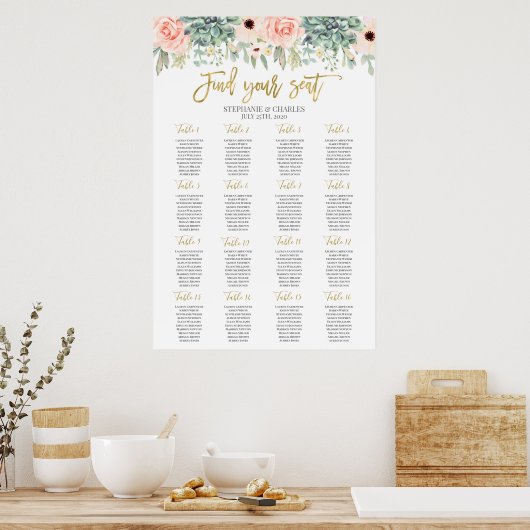 Succulte waterverf Wedding Seating Chart Poster (Keuken)