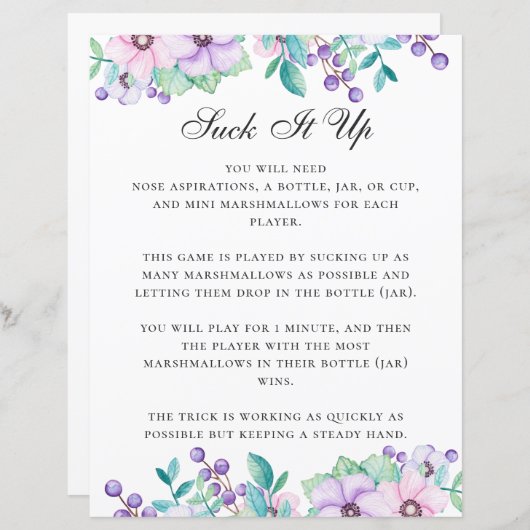 Suck het op. Baby shower spel. Paarse bloem (Voorkant / Achterkant)