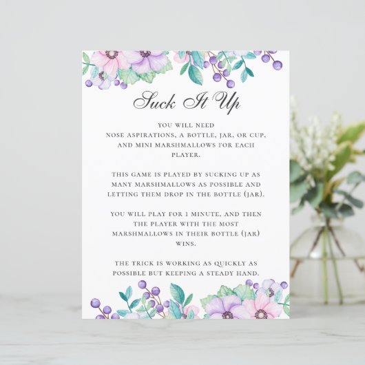 Suck het op. Baby shower spel. Paarse bloem (Staand voorkant)