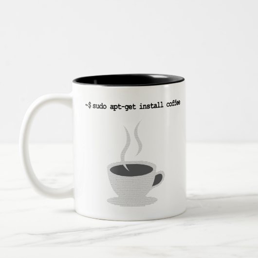 sudo apt-get install-koffie Funny Linux Command Tweekleurige Koffiemok (Links)