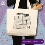 Sudoku Monogram Grote Tote Bag<br><div class="desc">Sudoku Monogram Grote Canvas tas met TEKST voor vrolijke puzzels. Dit is een grote SUDOKU-Canvas tas voor mannen en vrouwen die van Sudokus houden. Het eenvoudige, zwarte en witte ontwerp shows een reeks onvolledige Sudoku-puzzels, met een MONOGRAM in de bodem juiste hoek en ik OPLOSSEN PROBLEMEN bovenaan, die ook zijn...</div>
