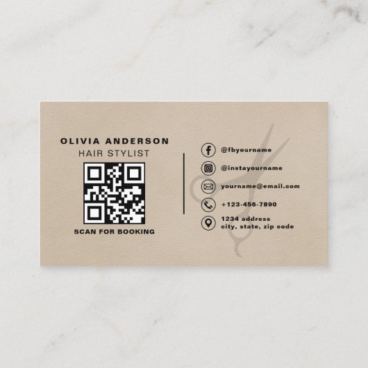 Suede Neutral Scissors QR Code Hair Stylist Visitekaartje (Achterkant)