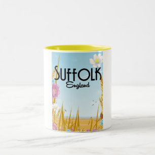 Suffolk Engeland boerderij cartoon reisposter Tweekleurige Koffiemok