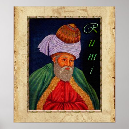 Sufi Mystic Portrait of Rumi on faux Parchment BG Poster (Voorkant)
