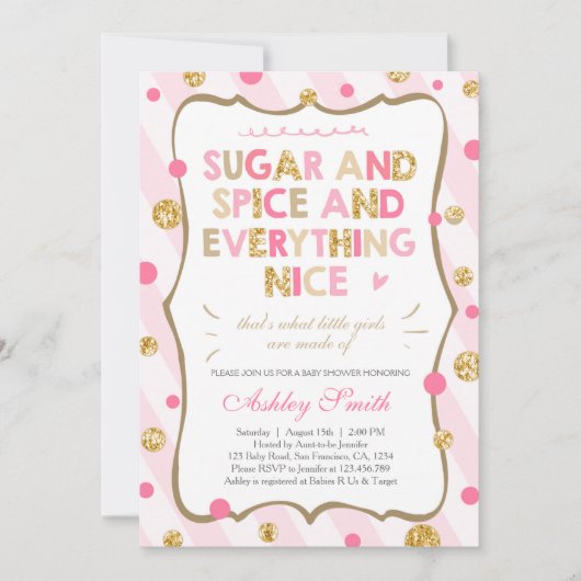 Sugar and Spice Baby shower Invitation Girl Pink Kaart (Voorkant)