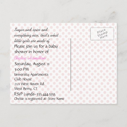 Sugar and Spice Schattigee Baby Girl Shower Uitnodiging Briefkaart (Achterkant)