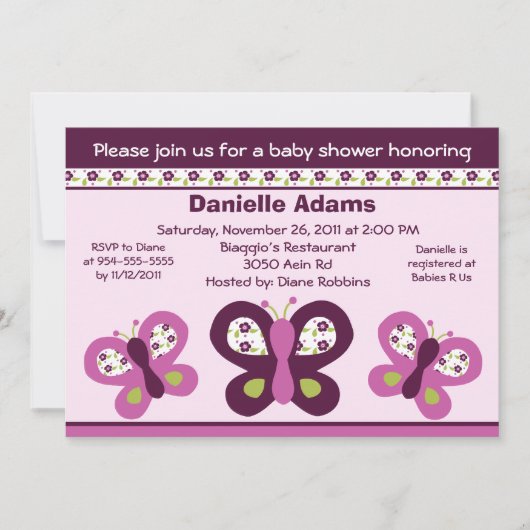 Sugar Plum Butterflies #2 Baby Shower Invitations Kaart (Voorkant)