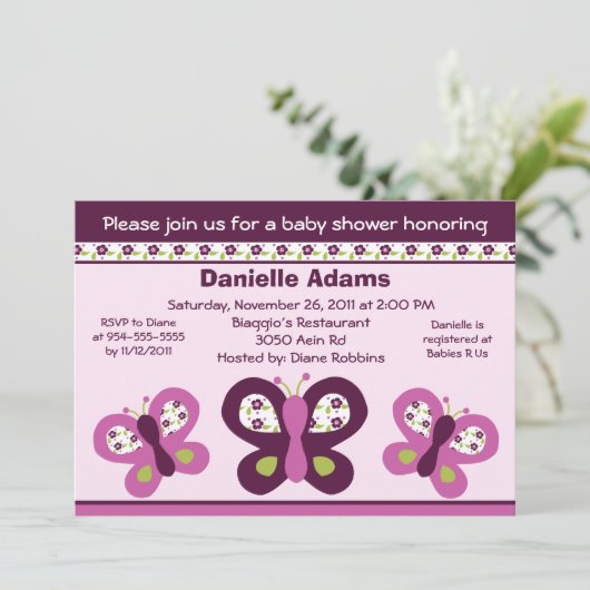 Sugar Plum Butterflies #2 Baby Shower Invitations Kaart (Staand voorkant)
