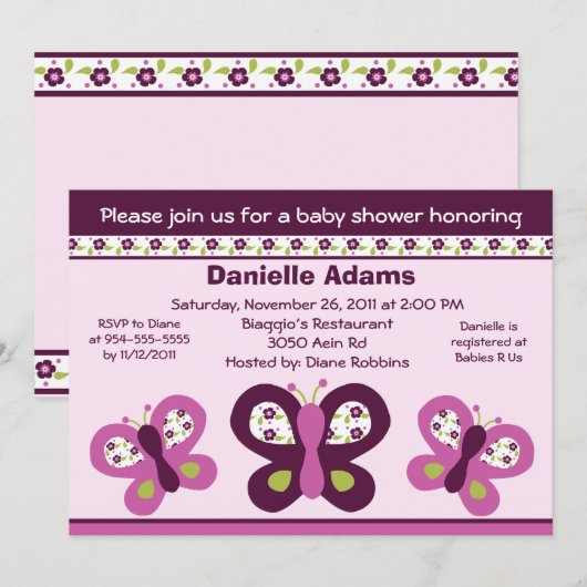 Sugar Plum Butterflies #2 Baby Shower Invitations Kaart (Voorkant / Achterkant)