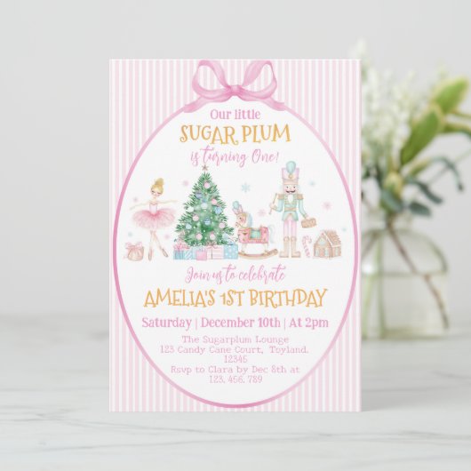 Sugar Plum Christmas Nutcracker Pink Bow Birthday Kaart (Staand voorkant)