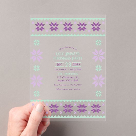 Sugar Plum Frost Ugly Sweater Christmas Party Acryl Uitnodigingen (Insitu (Draagbaar))