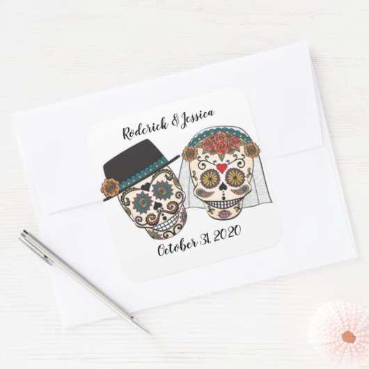 Sugar schedel bruiloft vierkante sticker (Envelop)