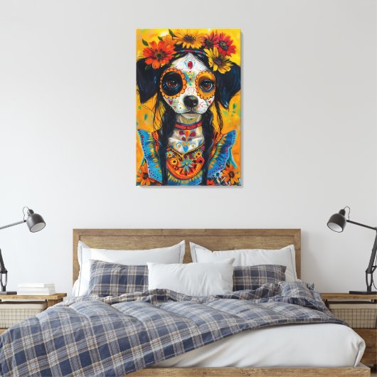 Sugar schedel hond gezicht mexicaanse esthetiek canvas afdruk (Insitu (Slaapkamer))