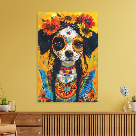 Sugar schedel hond gezicht mexicaanse esthetiek canvas afdruk (Insitu (Woonkamer))