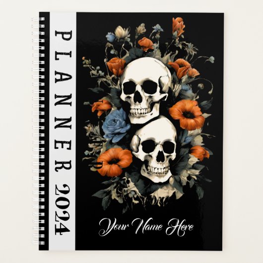 Sugar Sculls Zwart 2024 Bloemen Jaar Maandelijks Planner (Voorkant)