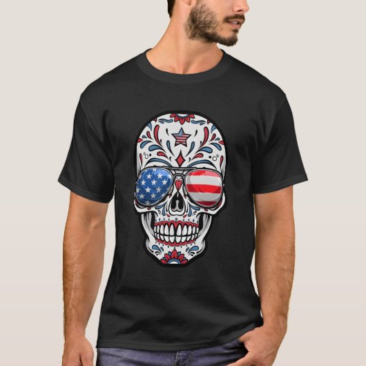 Sugar Skull 4th van juli Amerikaanse vlag zonnebri T-shirt (Voorkant)