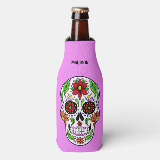 Sugar Skull aangepaste naam, tekst & kleur Flesjeskoeler (Fles Voorkant)