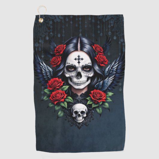 Sugar Skull Angel met Rozen. Golfhanddoek (Voorkant)