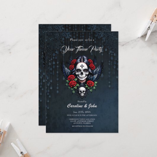 Sugar Skull Angel met Rozen. Kaart (Voorkant / Achterkant in situ)