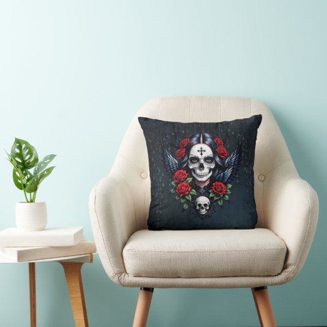 Sugar Skull Angel met Rozen. Kussen (Stoel)