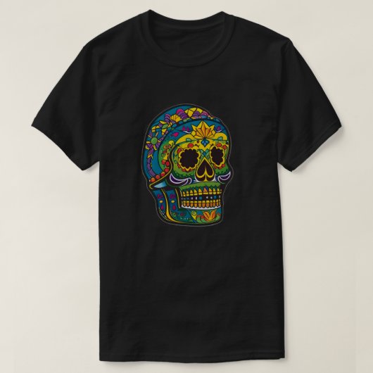 Sugar Skull Art - Blauw met Gouden Make-up T-shirt (Design voorkant)