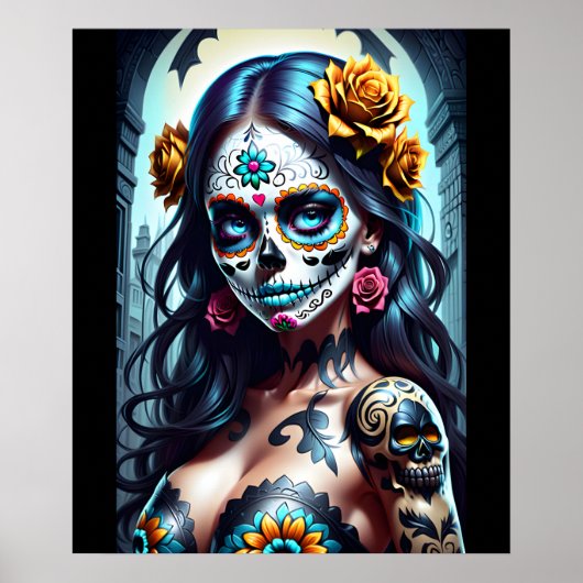 Sugar Skull Art - Bloeiende schoonheid Poster (Voorkant)