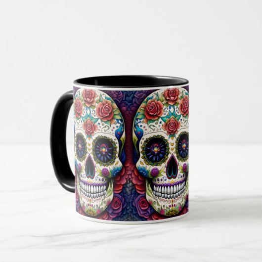 Sugar Skull Art Bloem Schedel Roze Rozen Mok (Voorkant links)