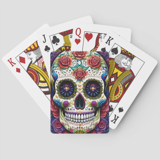 Sugar Skull Art Bloem Schedel Roze Rozen Pokerkaarten (Achterkant)